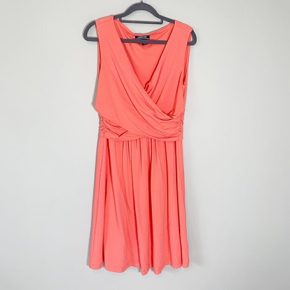 Lands' End Women Coral Pima Cotton Modal Surplice Ruched Sleeveless Dress Size S - Picture 1 of 10